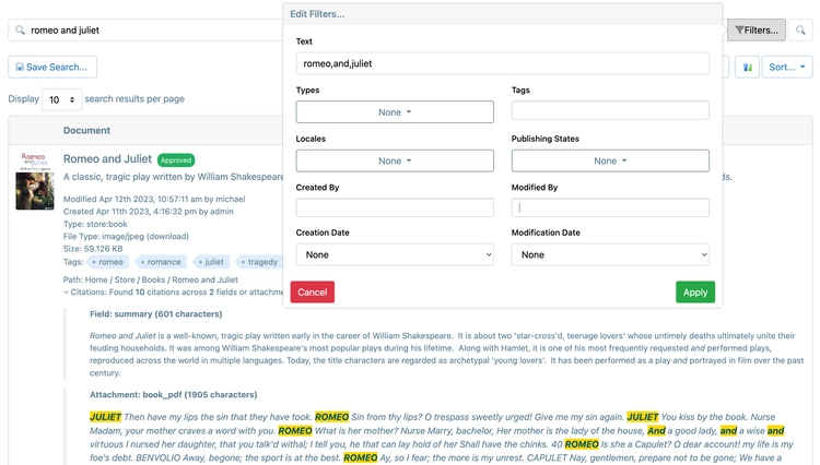 Full-text Search with Saved Searches, filtering and exports to Excel, CSV and ZIP